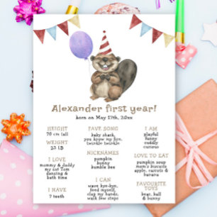 Cute Beaver First Birthday Milestone Birthday Poster