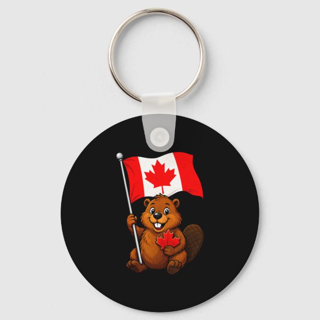 Cute beaver flag patriotic maple leaf canada day key ring (Front)
