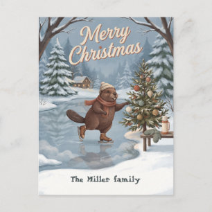 Cute Beaver Ice Skating Woodland Christmas Holiday Postcard