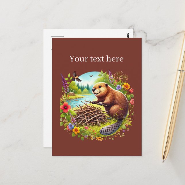 Cute beaver lovers add text  postcard (Front/Back In Situ)