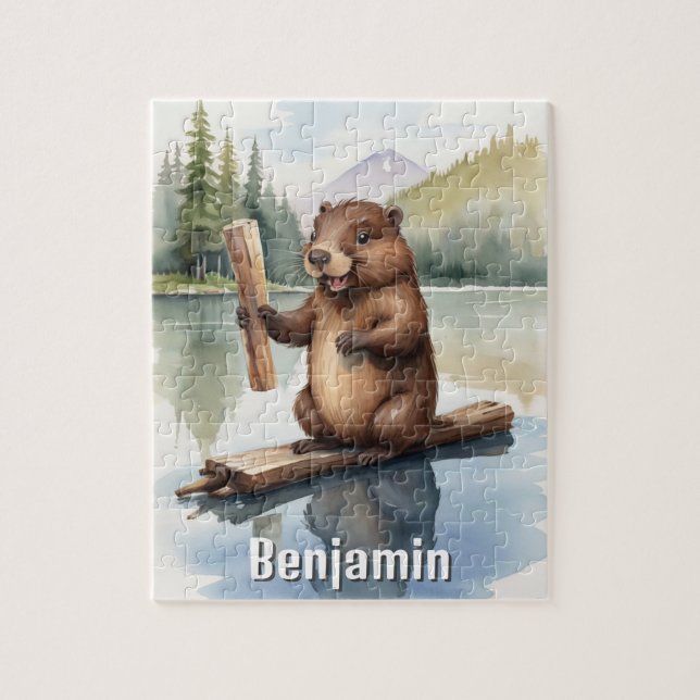 Cute Beaver with Stick Kids Personalised Jigsaw Puzzle (Vertical)