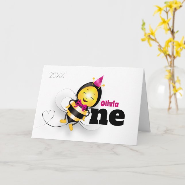 Cute Bee 1st Birthday Card (Baby Girl) (Yellow Flower)