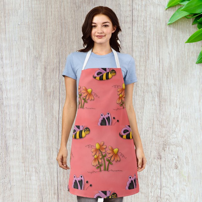 Cute Bee and Flower Pink Spring Garden  Apron (Creator Uploaded)
