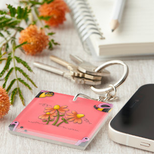 Cute Bee and Flower Pink Spring Garden  Key Ring