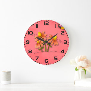 Cute Bee and Flower Pink Spring Garden  Large Clock