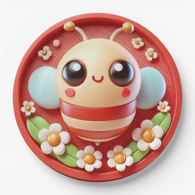 Cute Bee and Flowers Spring Garden Party Tableware Paper Plate (Front)