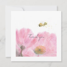 Cute Bee and Pink Flowers Flat Thank you Card