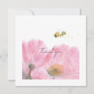 Cute Bee and Pink Flowers Flat Thank you Card
