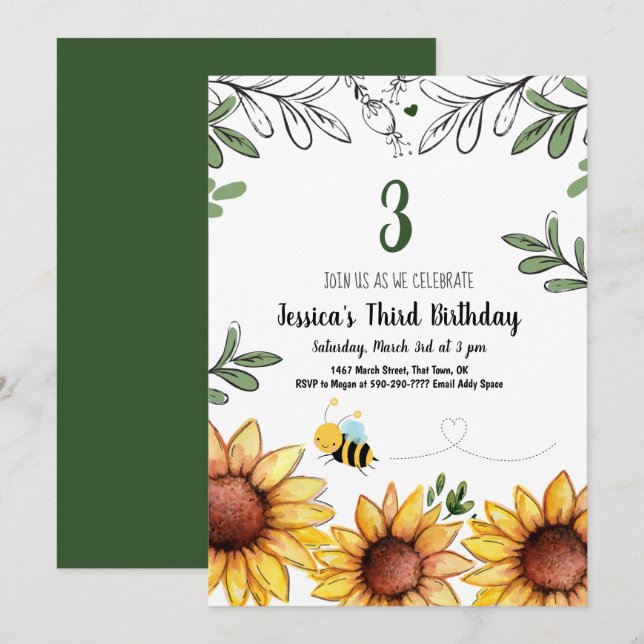 Cute Bee and Sunflowers Kids Birthday Party Invitation (Front/Back)