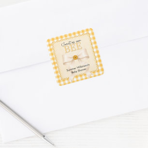 Cute Bee Baby Shower Favour Sticker Yellow Gingham