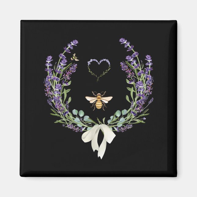 Cute Bee Bow Lavender Flower Heart Botanical Natur Magnet (Front)