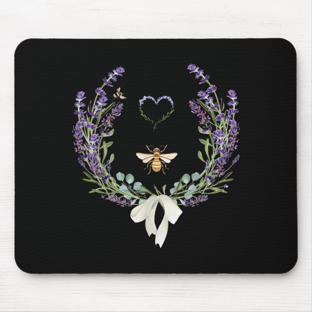 Cute Bee Bow Lavender Flower Heart Botanical Natur Mouse Pad (Front)