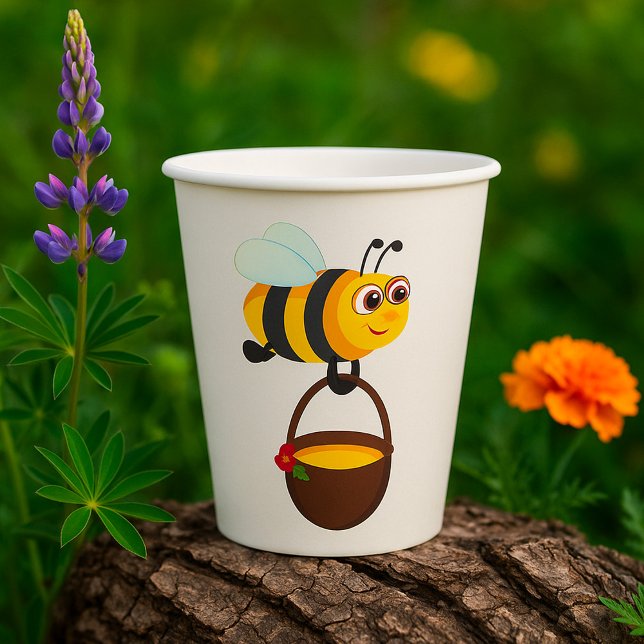 Cute Bee Carrying Honey Pot with Flower Paper Cups (Creator Uploaded)