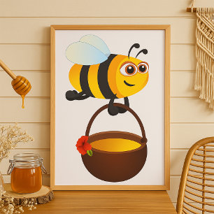 Cute Bee Carrying Honey Pot with Flower Poster