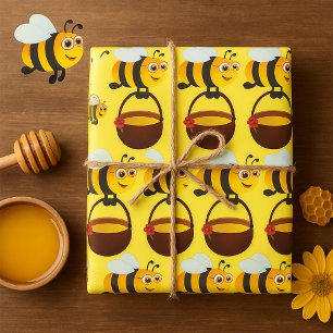 Cute Bee Carrying Honey Pot with Flower Wrapping Paper