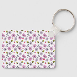 Cute Bee Floral Pattern Cottagecore Aesthetic Pink Key Ring