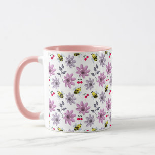 Cute Bee Floral Pattern Cottagecore Aesthetic Pink Mug