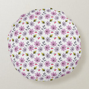 Cute Bee Floral Pattern Cottagecore Aesthetic Pink Round Cushion