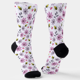 Cute Bee Floral Pattern Cottagecore Aesthetic Pink Socks