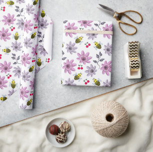 Cute Bee Floral Pattern Cottagecore Aesthetic Pink Wrapping Paper