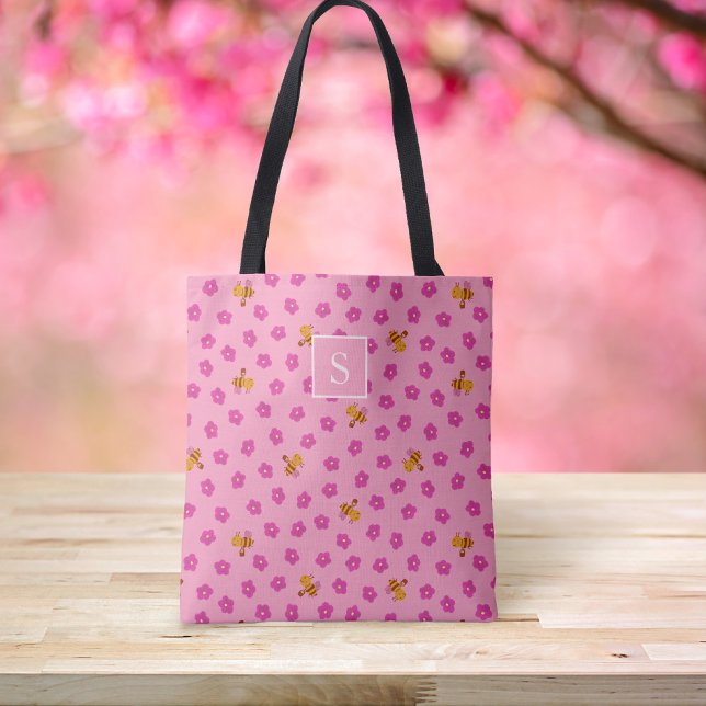 Cute bee & flowers pattern Monogram pink Tote Bag (Creator Uploaded)