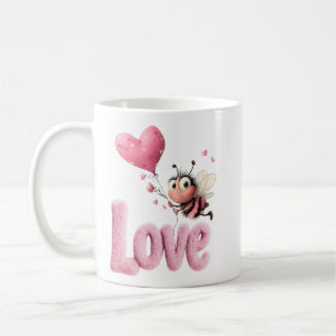 Cute Bee Fluffy Pink Love Heart Balloon Design Coffee Mug