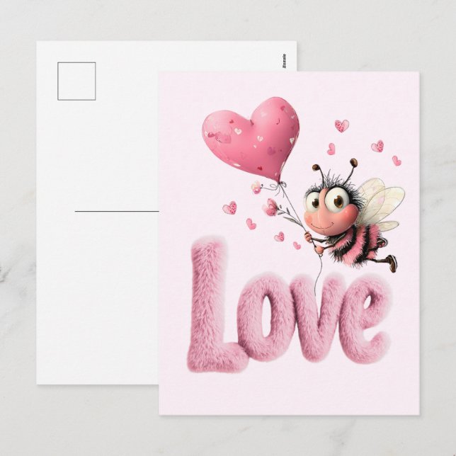 Cute Bee Fluffy Pink Love Heart Balloon Design Holiday Postcard (Front/Back)