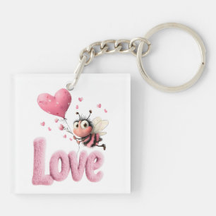 Cute Bee Fluffy Pink Love Heart Balloon  Key Ring