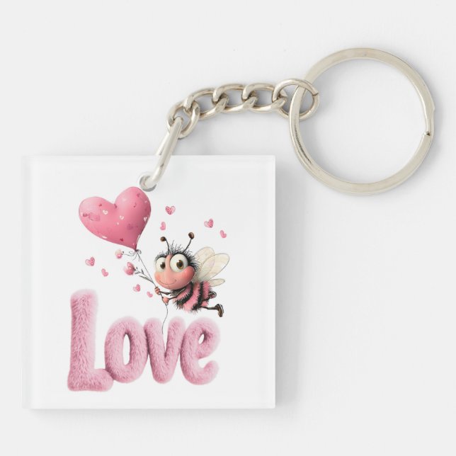 Cute Bee Fluffy Pink Love Heart Balloon  Key Ring (Back)