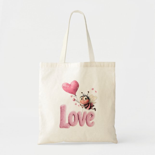 Cute Bee Fluffy Pink Love Heart Balloon  Tote Bag (Front)