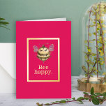 Cute Bee Happy Positive Quote Foil Greeting Card<br><div class="desc">Send positive vibes to friends or family with this cute card featuring a whimsical bumble bee hovering above "Bee happy" text and surrounded by a frame in real gold foil. The hot pink background makes the gold foil pop with style! The inside text has a motivational quote that is cheerful...</div>