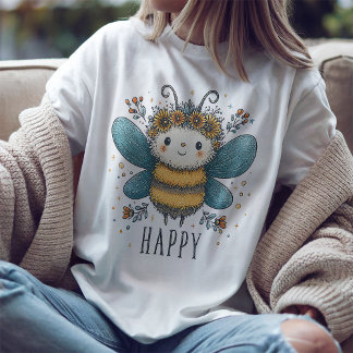 Cute Bee Happy Watercolor Floral T-Shirt
