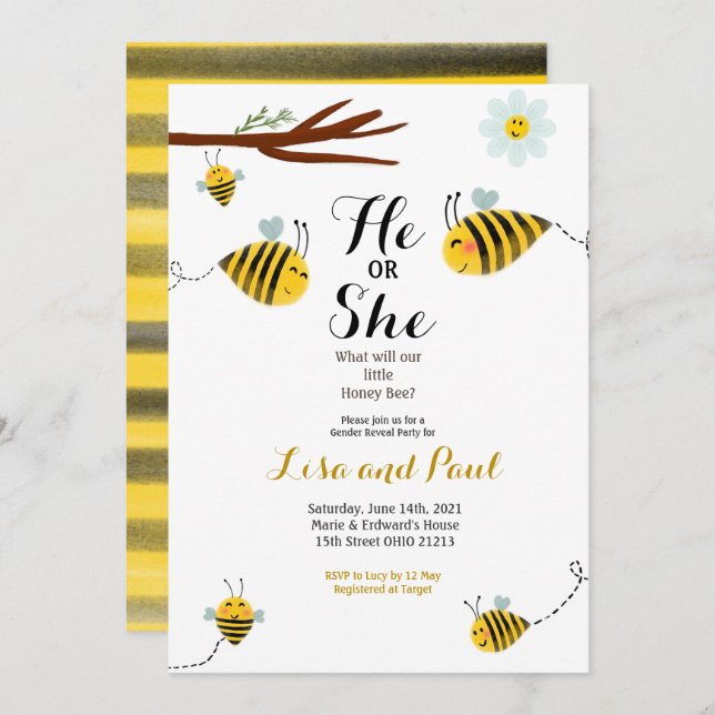 Cute Bee He or She Gender Reveal Invitation (Front/Back)