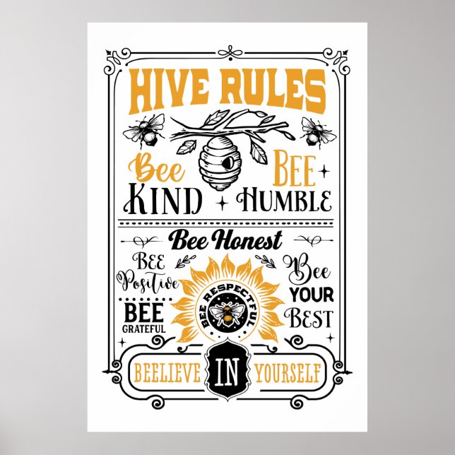 cute bee hive rules word art poster (Front)