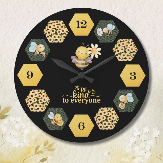 Cute Bee Honeycomb and Sunflower Large Clock (Brighten your space with sunshine and cheer with a charming bee-themed wall clock)