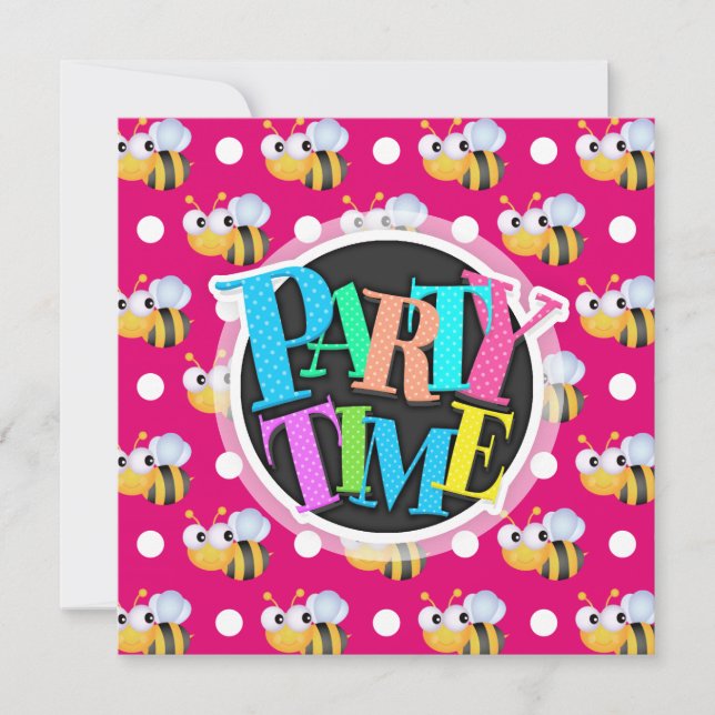 Cute Bee, Hot Pink & White Polka Dots Invitation (Front)