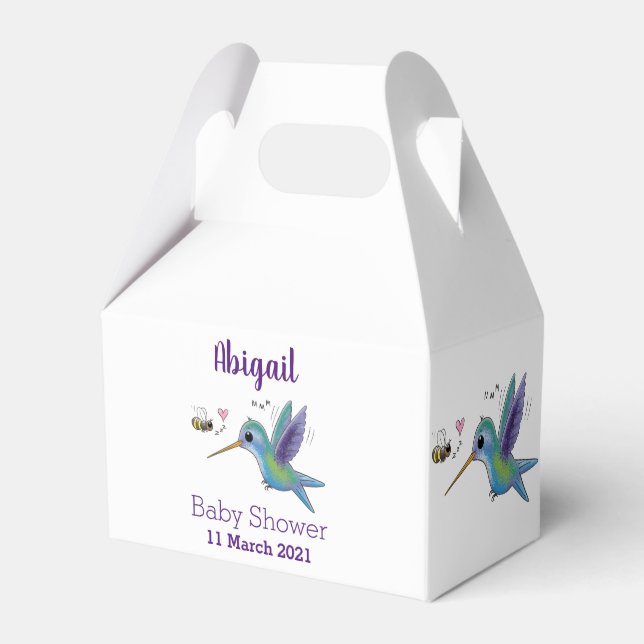 Cute bee hummingbird cartoon illustration favour box (Front Side)