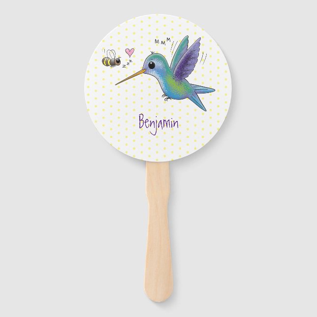 Cute bee hummingbird cartoon illustration  hand fan (Front)
