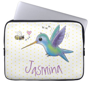 Cute bee hummingbird cartoon illustration laptop sleeve