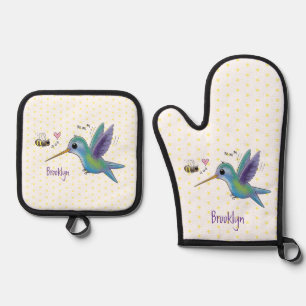 Cute bee hummingbird cartoon illustration oven mitt & pot holder set