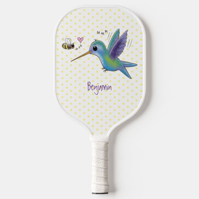 Cute bee hummingbird cartoon illustration pickleball paddle (Front)