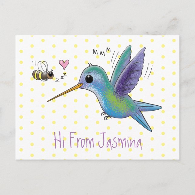 Cute bee hummingbird cartoon illustration postcard (Front)
