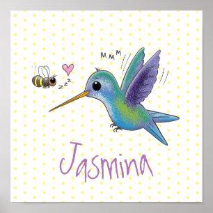 Cute bee hummingbird cartoon illustration poster