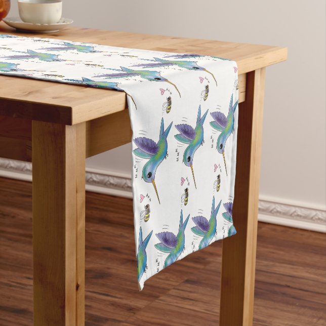 Cute bee hummingbird cartoon illustration short table runner (In Situ)