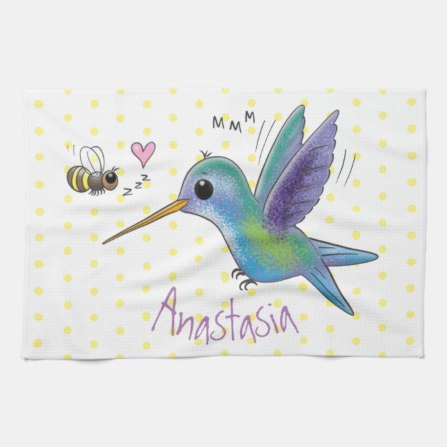 Cute bee hummingbird cartoon illustration tea towel (Horizontal)