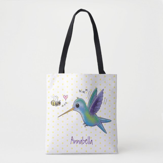Cute bee hummingbird cartoon illustration tote bag (Front)