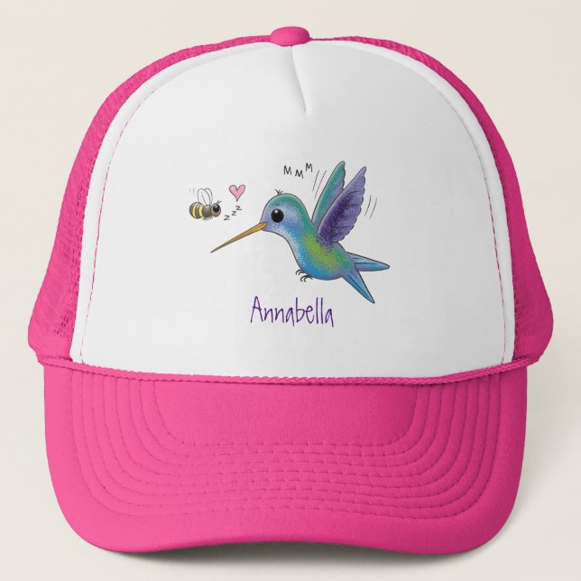 Cute bee hummingbird cartoon illustration trucker hat (Front)
