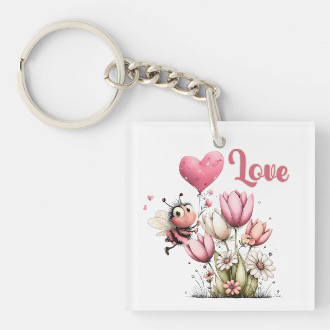 Cute Bee Love Heart Balloon Spring Flowers Key Ring (Front)