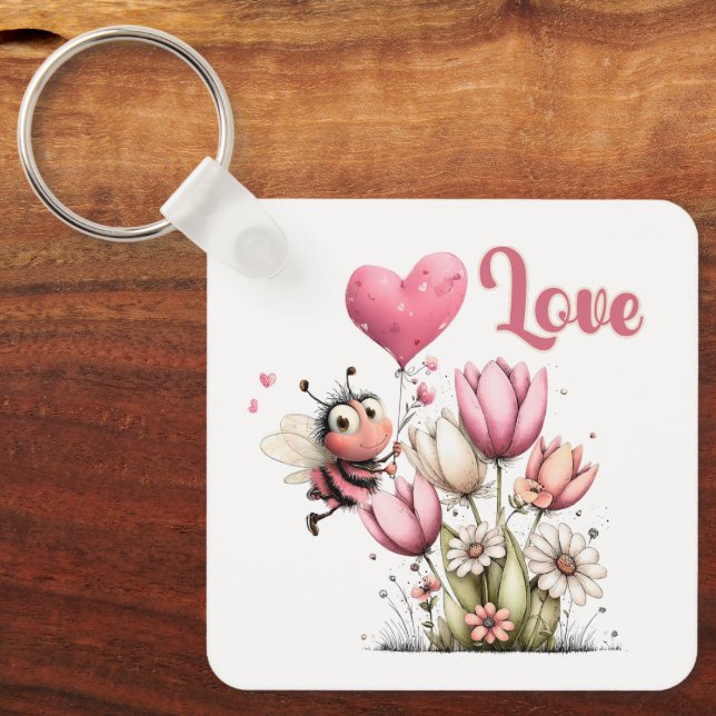 Cute Bee Love Heart Balloon Spring Flowers Key Ring (Front)