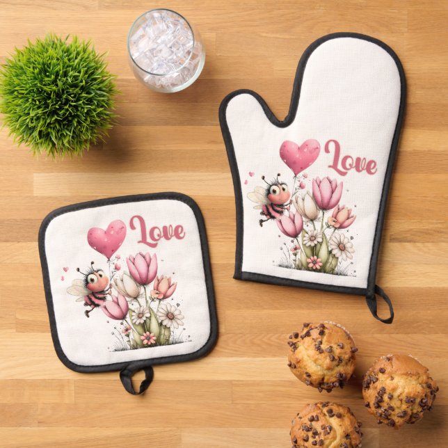 Cute Bee Love Heart Balloon Spring Flowers Oven Mitt & Pot Holder Set (Top Down)
